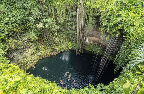 Yemyeşil bitki örtüsüyle çevrili, derin bir cenote'nin lacivert sularında yüzen insanların görüldüğü bu huzur dolu doğa harikası, doğaseverler için dünyanın en dingin destinasyonlarından Yucatan'ın eşsiz güzelliğini gözler önüne seriyor.