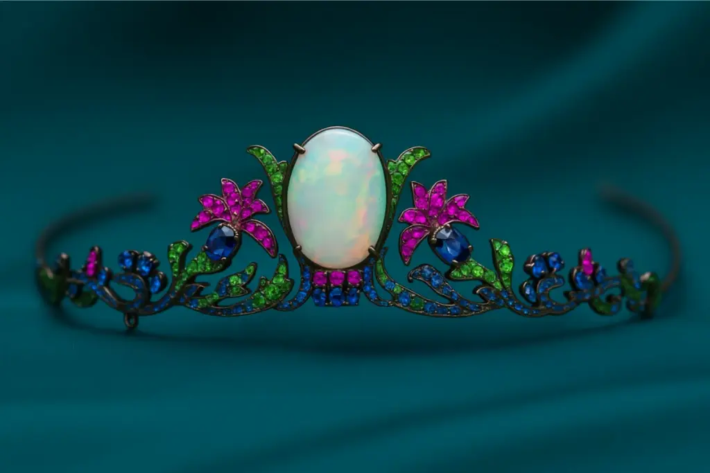 Opal taşlı, safir, yakut ve zümrüt detaylı Osmanlı esintili taç, Topkapı Sarayı ve Hürrem Sultan temalı mücevher koleksiyonu