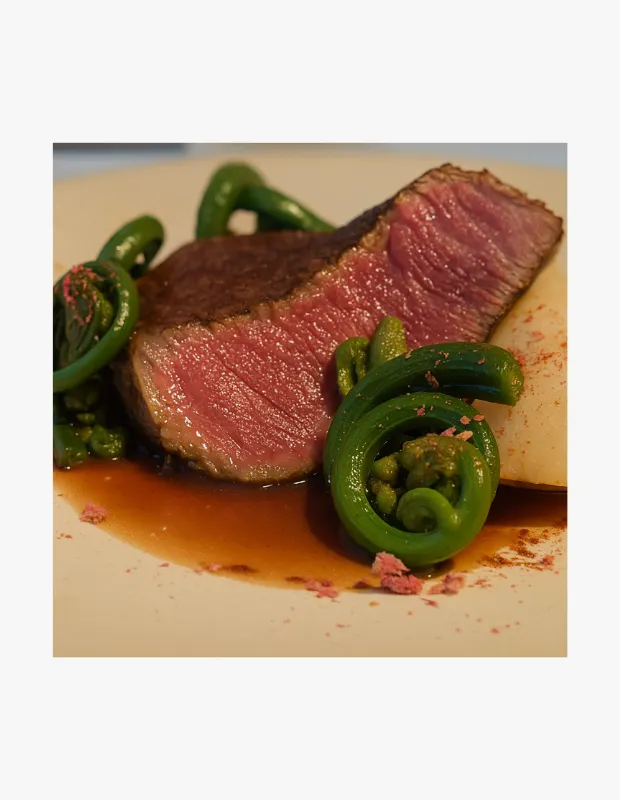 Sous-vide pişirilmiş orta az pişmiş dana eti, fiddlehead fern ve et suyu sos eşliğinde şık bir tabakta sunulmuş fine dining lezzeti.