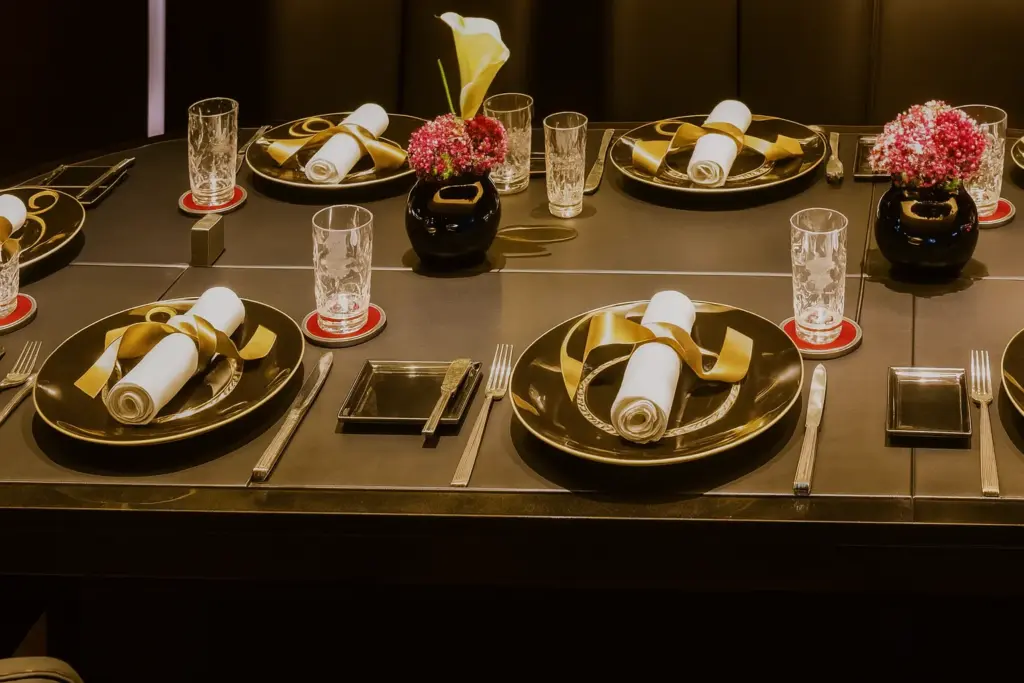 Şık restoranda siyah ve altın tonlarında hazırlanmış sekiz kişilik fine dining akşam yemeği masası, zarif çiçek aranjmanları ve kristal bardaklarla dekore edilmiş.