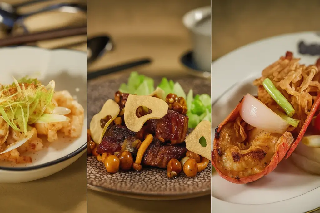 Fine dining restoranında servis edilen üçlü gurme tabak: baharatlı karides, sarımsaklı dana eti ve sebzeli ızgara ıstakoz sunumu.