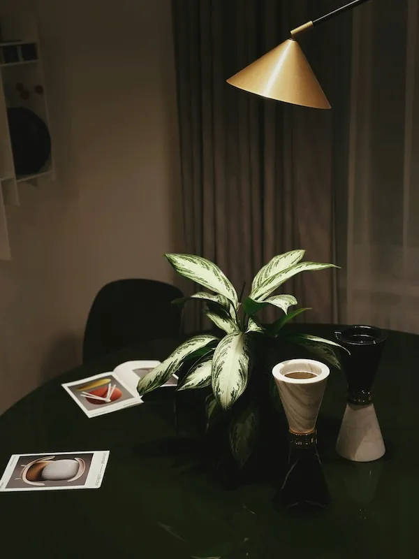 Botanik stil ev dekorasyonu: modern masa üzerinde iç mekân bitkisi, seramik aksesuarlar ve sıcak tonlu aydınlatma ile kurgulanmış minimalist gece atmosferi.