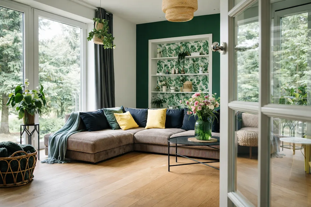 Botanik stil dekorasyona sahip, koyu yeşil vurgu duvarlı modern salon; büyük pencerelerden doğal ışık alan L koltuk, iç mekân bitkileri, hasır avize ve doğal ahşap zeminle doğadan ilham alan ev tasarımı.