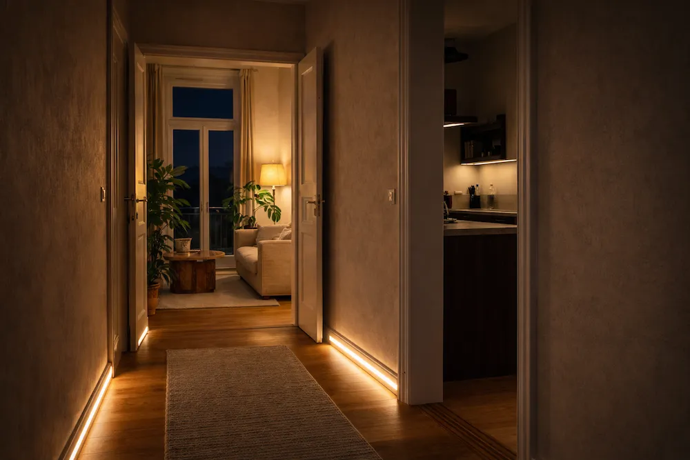 Ev için doğru bitki seçimi: koridordan görünen salon, mutfak ve balkon kapı aralıklarında farklı iç mekân bitkileriyle kurgulanmış botanik stil ev dekorasyonu.