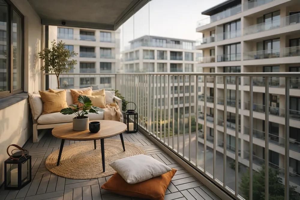 Modern balkon dekorasyonu: ahşap yuvarlak sehpa, jüt halı, keten minderler ve saksı bitkileriyle tasarlanmış şehir apartmanı balkonu, arka planda minimalist konut mimarisi.