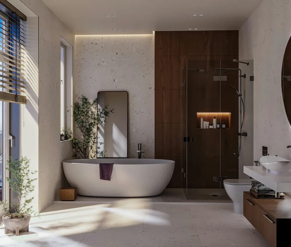 Botanik stil modern banyo dekorasyonu: doğal ahşap paneller, serbest duran küvet, cam duş kabini ve iç mekân bitkileriyle aydınlık ve sıcak atmosfer.