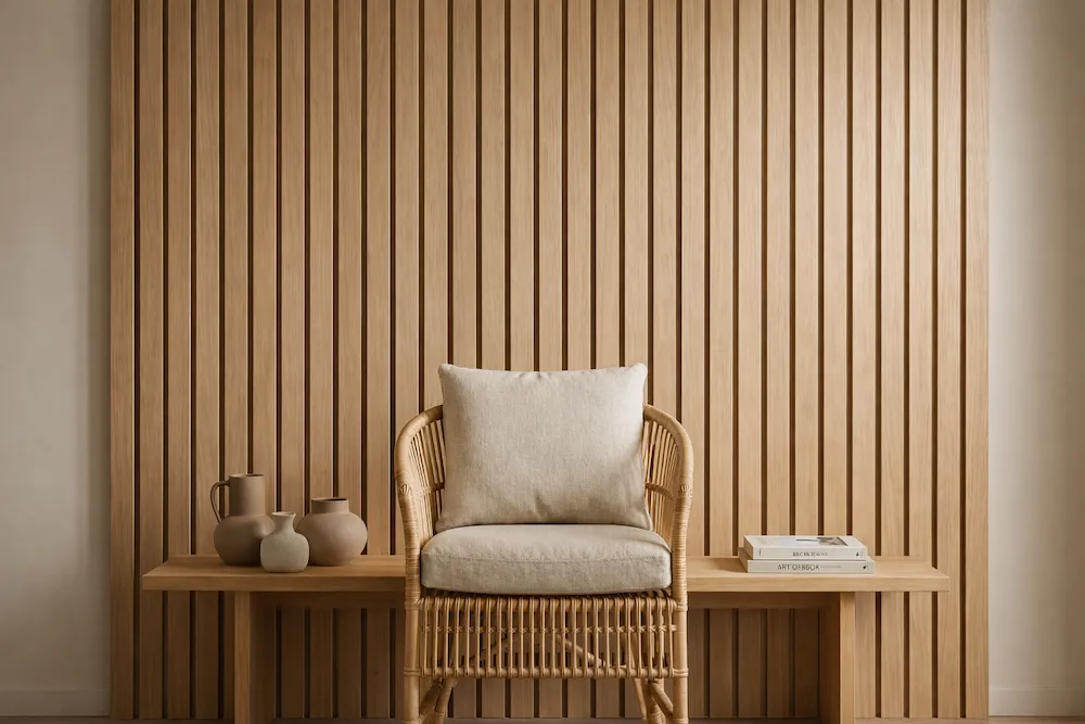 Organik dokuların öne çıktığı botanik stil ev dekorasyonu; ahşap lamel duvar, rattan sandalye, keten tekstil ve seramik aksesuarlarla minimalist iç mekân tasarımı.