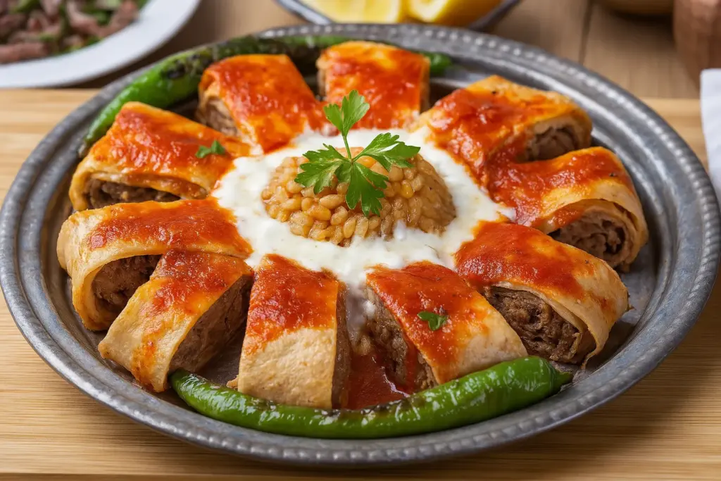Yoğurt ve domates sosuyla sunulan geleneksel etli beyti kebabı.