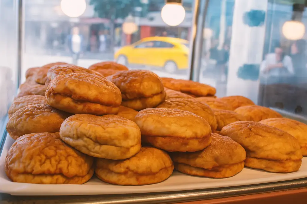Vitrin arkasında üst üste dizilmiş soslu ıslak hamburgerler.