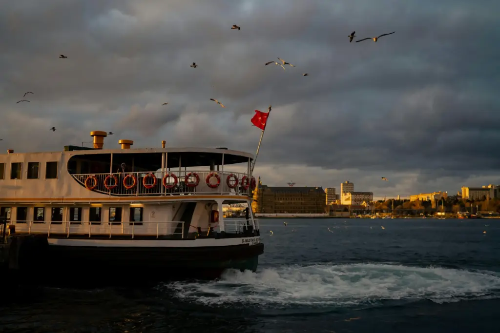 Akşam saatlerinde Haydarpaşa Garı önünde hareket eden şehir vapuru ve Türk bayrağı dalgalanırken martılar eşlik ediyor.
