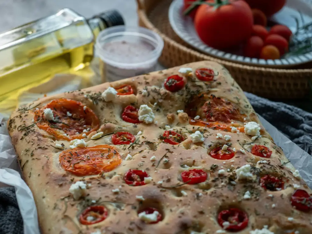 Domates, peynir ve otlarla süslenmiş taze ev yapımı focaccia ekmeği ve zeytinyağı