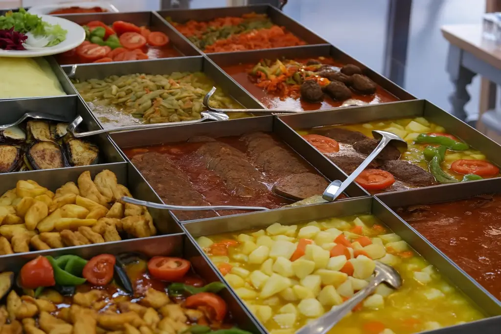 Geleneksel esnaf lokantasında sıcak yemek tezgâhı, çeşit çeşit ev yemeği.