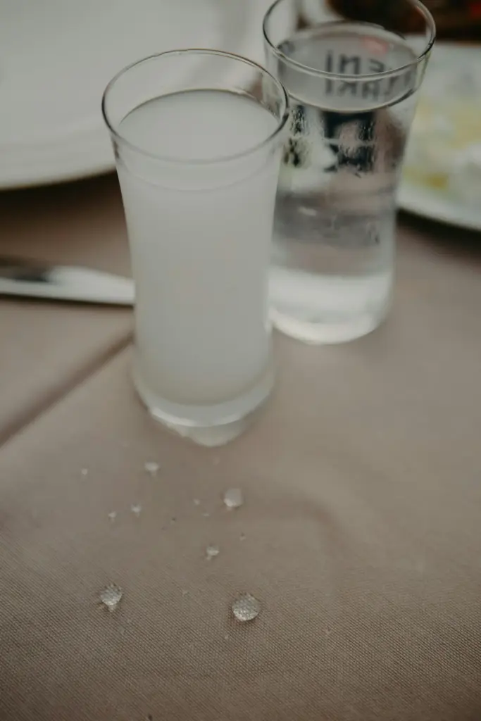 Masada su bardağıyla yan yana servis edilmiş soğuk rakı bardağı.