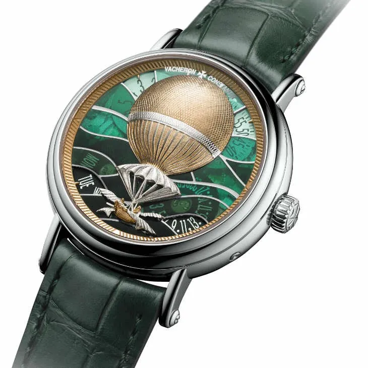 Vacheron Constantin Métiers d’Art Les Aérostiers Paris 1784 yeşil plique-à-jour mine kadranlı sıcak hava balonu temalı lüks saat