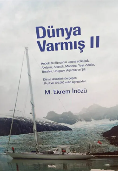 Ekrem İnözü'nün dünya denizlerindeki 100.000 millik maceralarını ve Akdeniz'den Atlantik'e, Brezilya'dan Şili'ye uzanan mavi yolculuk deneyimlerini anlatan, beyaz bir yelkenlinin buzullar ve dağlar önünde sakin sularda göründüğü Dünya Varmış II adlı kitabın kapağı.