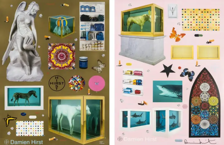 Damien Hirst’ün sanat kariyerine dair sembollerle dolu iki parçalı kolaj – hayvanlar, ilaçlar, kelebekler ve ikonik eserlerinden kesitlerle dolu bir panorama.
