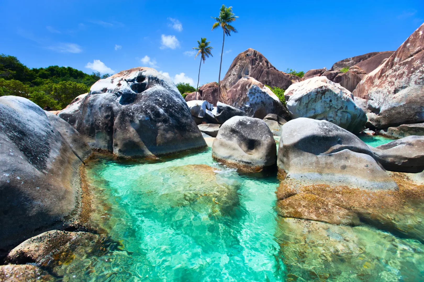 Deniz Kurt'un megayat deneyimleri ve mavi yolculuk tutkusu bağlamında, British Virgin Islands'taki Virgin Gorda adasından, berrak turkuaz sular içinde yükselen devasa kayalar ve yemyeşil tropikal bitki örtüsünün gökyüzüne uzanan iki palmiye ağacıyla buluştuğu eşsiz bir Karayip kıyısı.
