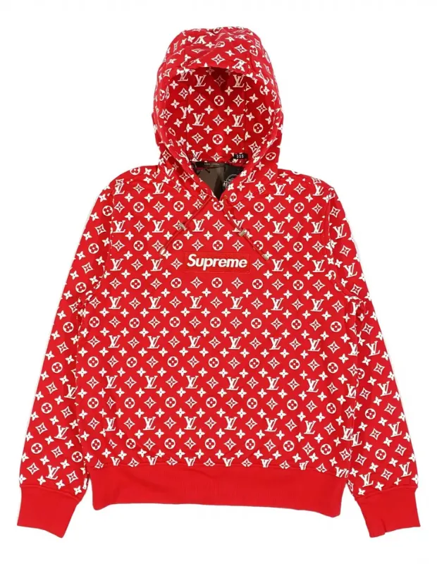 Louis Vuitton x Supreme kırmızı monogram kapüşonlu sweatshirt