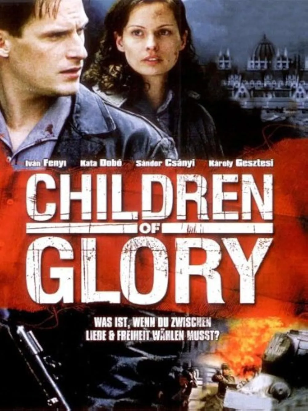 Children of Glory afişi, 1956 Macar Devrimi arka planında su topu oyuncuları ve dramatik sahne kompozisyonu