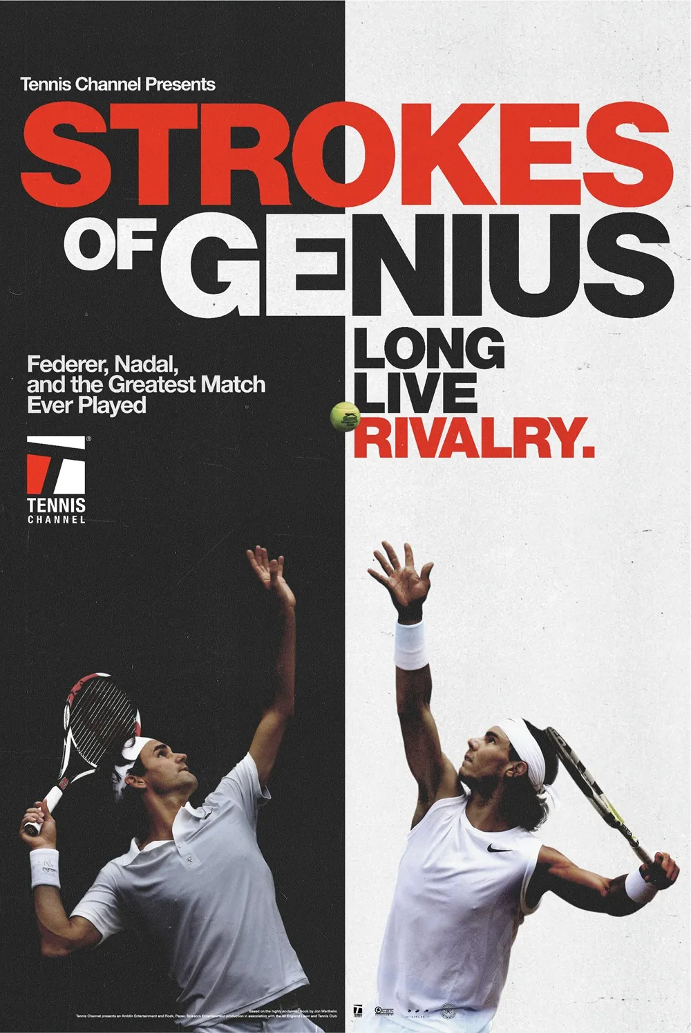 Strokes of Genius belgesel afişi, Roger Federer ve Rafael Nadal’ın karşılıklı servis atarken yer aldığı tasarım