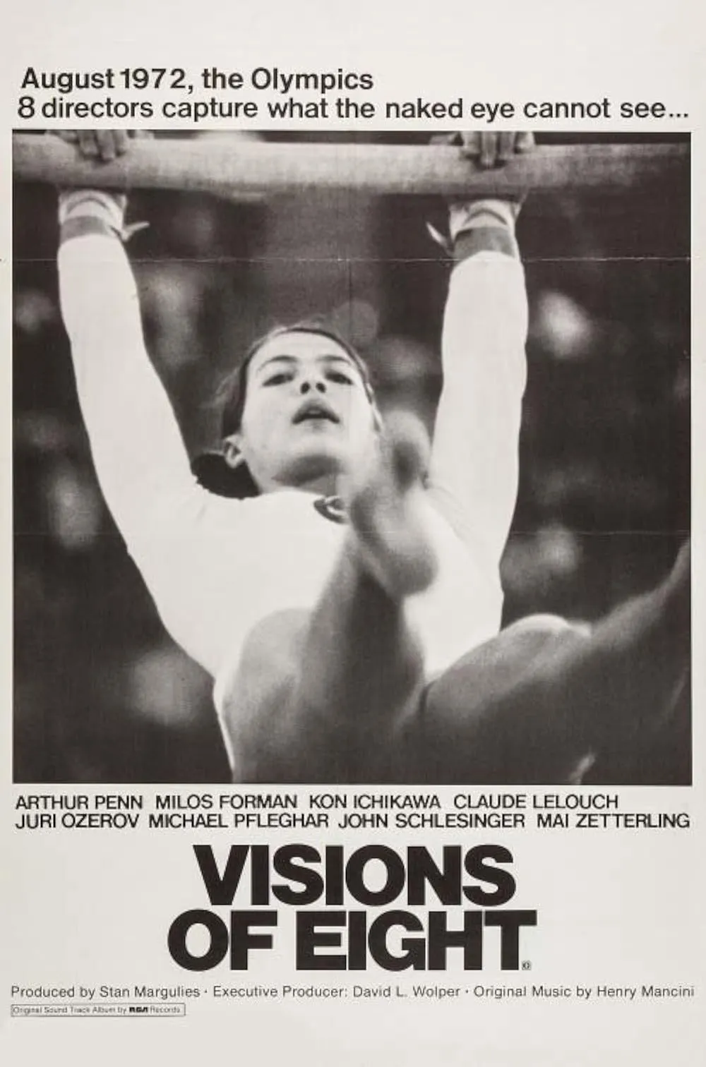 Visions of Eight afişi, 1972 Münih Olimpiyatları’nda barfiks hareketi yapan jimnastikçi siyah beyaz kare
