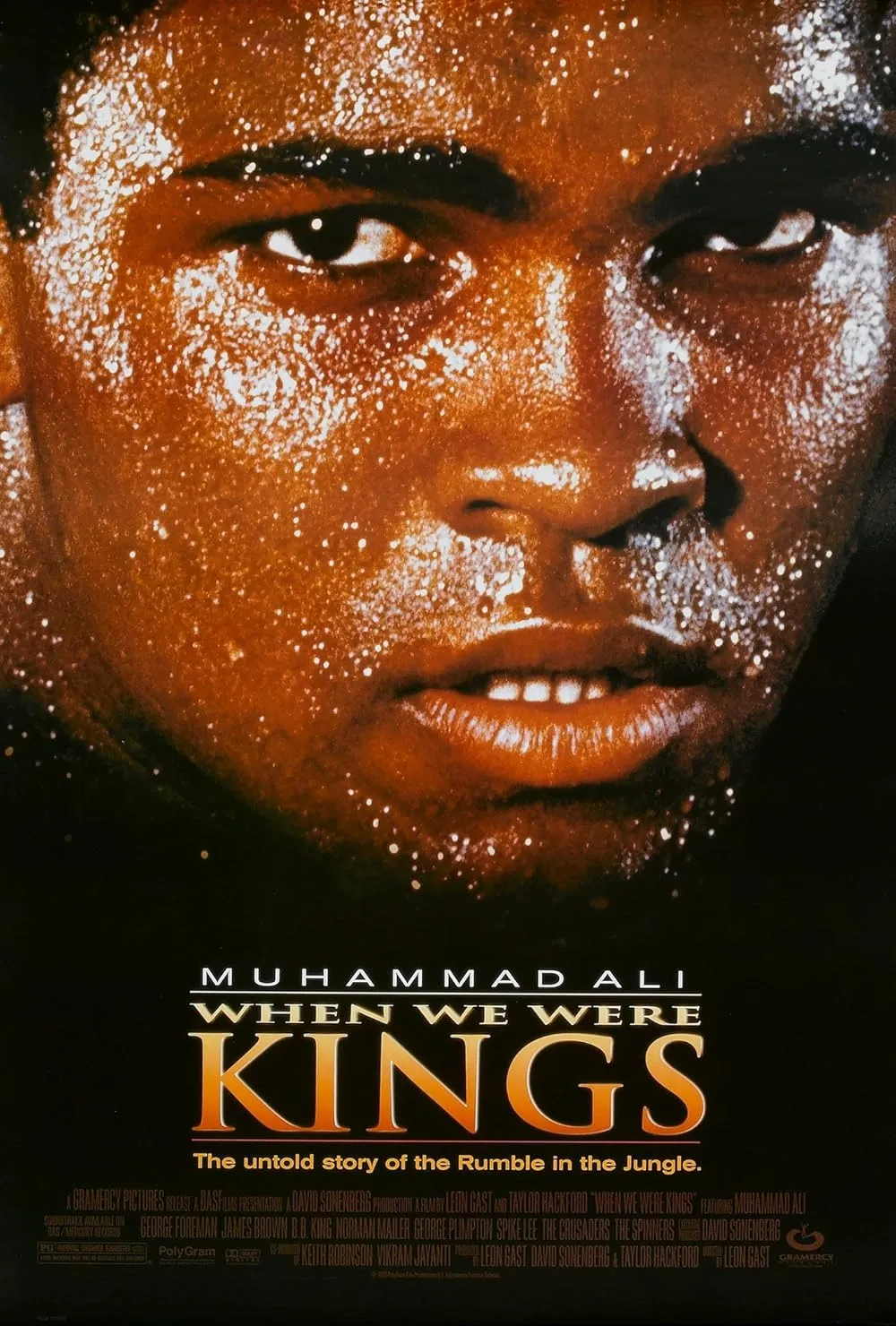 When We Were Kings belgesel afişi, Muhammad Ali’nin terli yüzüne yakın plan portre görseli
