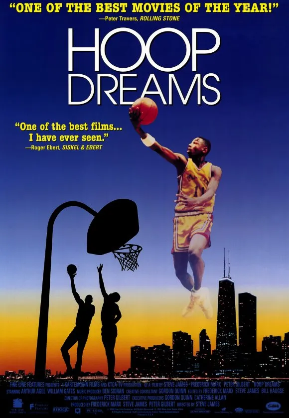Hoop Dreams belgesel afişi, Chicago silüeti önünde potaya smaç yapan basketbolcu görseli