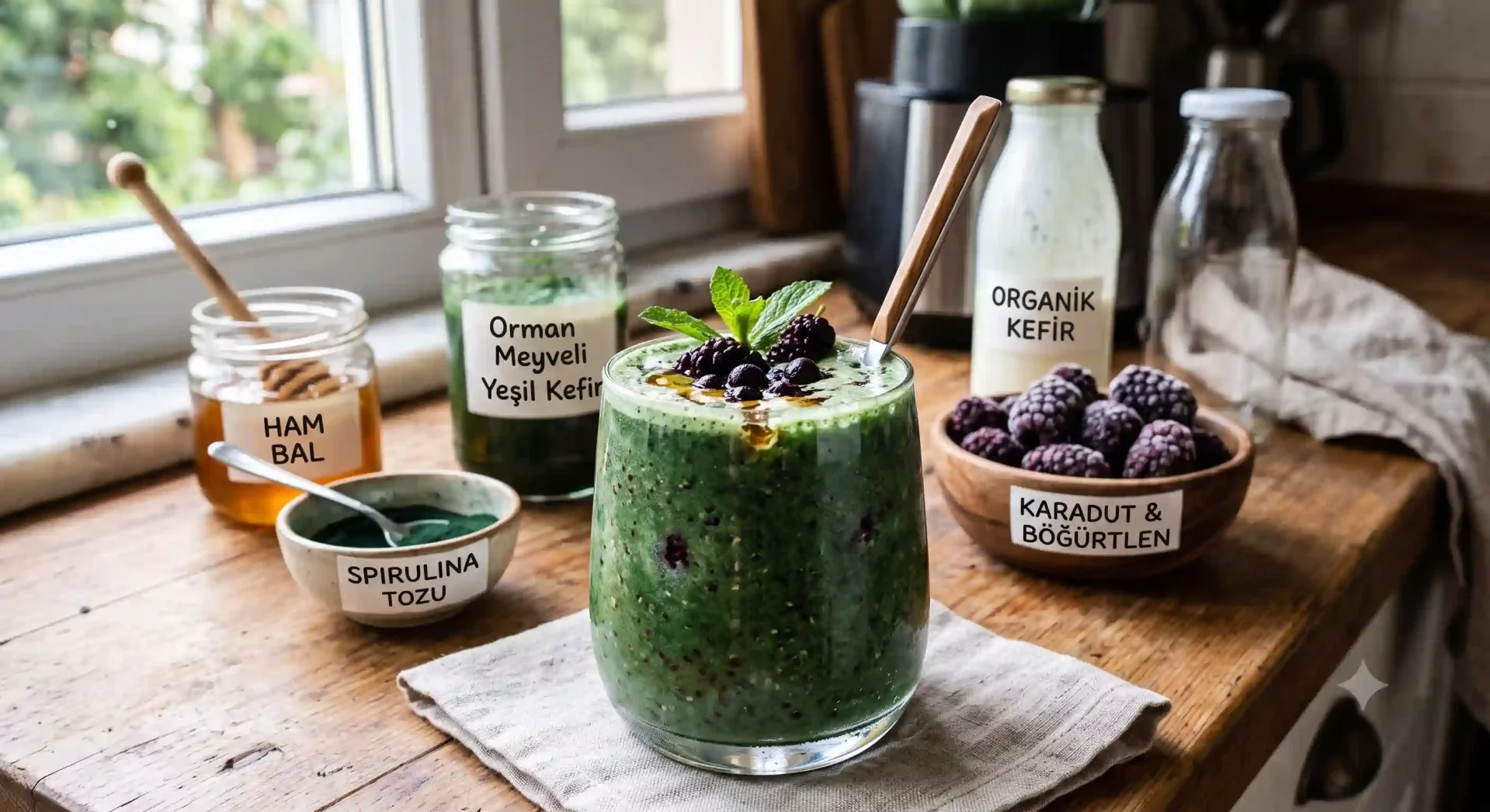Geniş açılı bir mutfak tezgahında, orman meyveleri, nane ve balla süslenmiş, canlı yeşil renkli, kıvamlı bir spirulina smoothie bardağı ön planda duruyor; arkasında ise ham bal, spirulina tozu, orman meyveli yeşil kefir, organik kefir, karadut ve böğürtlen gibi taze ve doğal tarif malzemeleri düzenli bir şekilde sıralanmış, besleyici bir spirulina içeceğinin hazırlanışını gözler önüne seriyor.