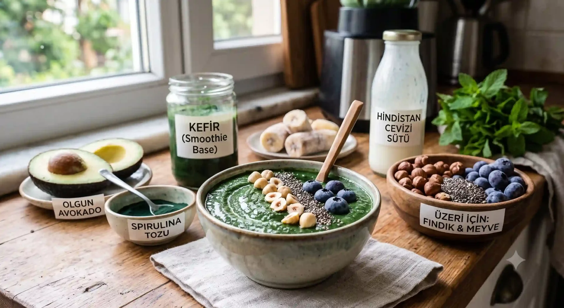 Ahşap bir tezgah üzerinde, yaban mersini, fındık ve chia tohumlarıyla zenginleştirilmiş koyu yeşil bir spirulina smoothie kasesi, bu besleyici tarif için hazırlanan olgun avokado, spirulina tozu, kefir, Hindistan cevizi sütü, muz ve taze nane gibi tüm malzemelerle çevrili.