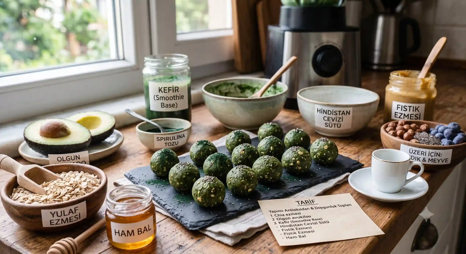Mutfak tezgahında, bağışıklık sistemini güçlendiren Spirulina'nın enerji topları tarifinde kullanılan avokado, yulaf ezmesi, ham bal, fıstık ezmesi gibi besleyici malzemeler ve üzerlerine serpilmiş chia tohumları ile hazırlanmış yemyeşil enerji topları düzenli bir şekilde sergileniyor.