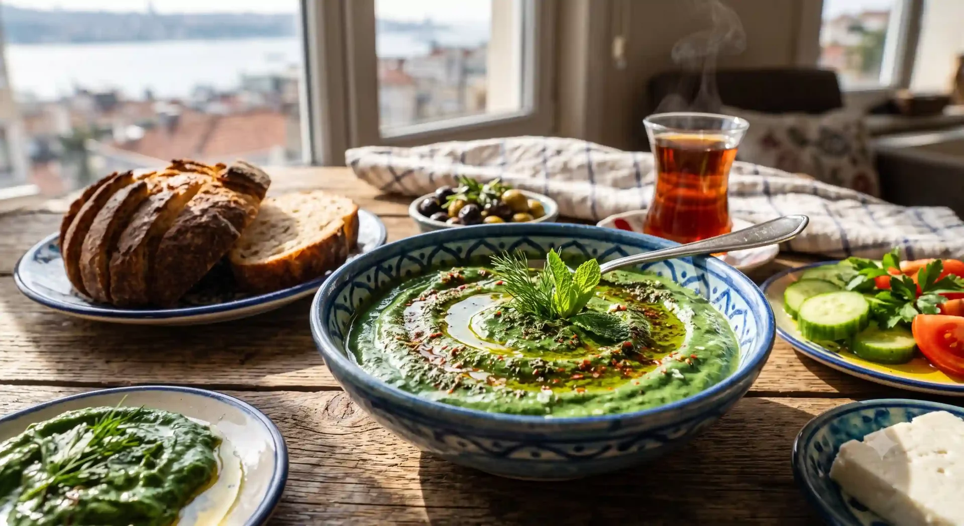 Yoğun yeşil renkte, üzerine taze nane ve dereotu ile zeytinyağı ve pul biber gezdirilmiş büyük bir kasede sunulan Spirulina tarifi, arka planda Boğaz manzaralı bir pencerenin önünde köy ekmeği, zeytin, salata, beyaz peynir ve çay ile zengin bir kahvaltı masasının odak noktasıdır.