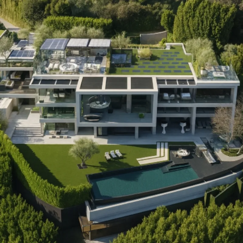 Panoramik doğa manzarasına sahip, çok katlı modern villa ve çatı bahçesi havadan görünüm
