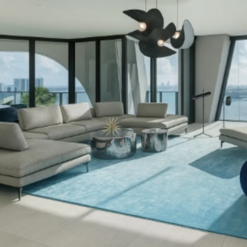 Miami'de deniz manzaralı geniş pencerelere sahip modern lüks oturma odası ve tasarım mobilyalar