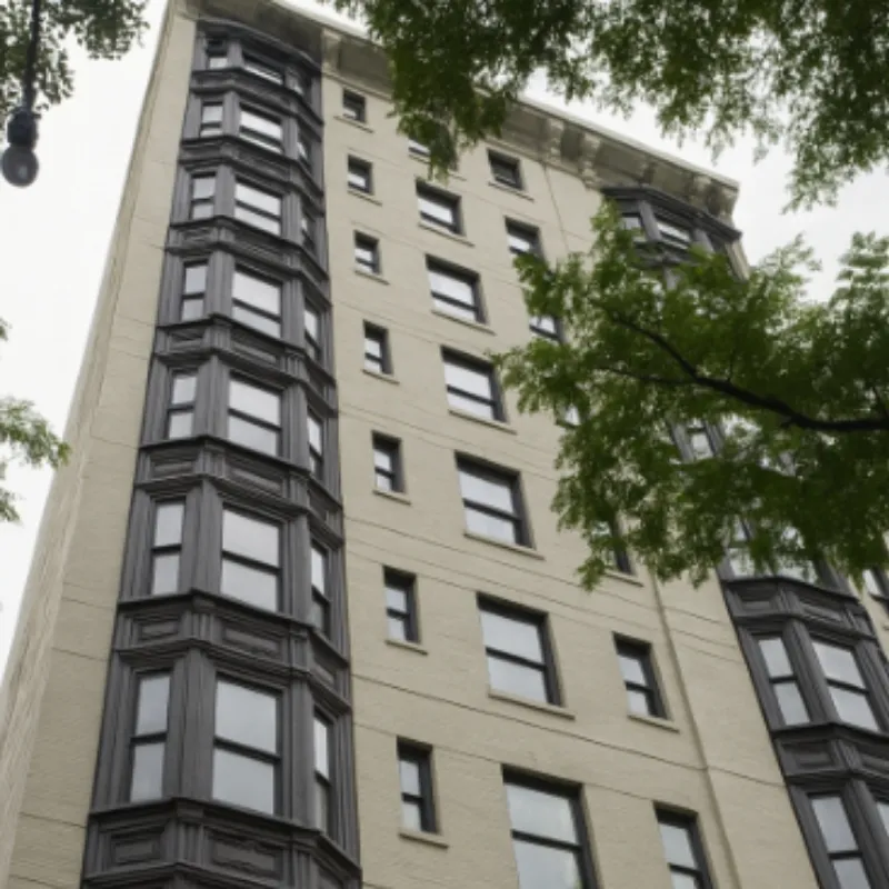 Yüksek katlı tarihi apartman binası dış cephesi ve siyah çerçeveli çıkmalı pencereler