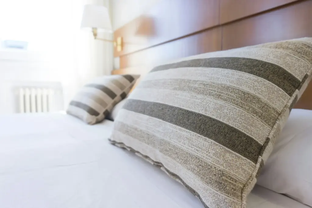 Gün ışığı alan hijyenik otel odasında temiz nevresimli yatak ve dekoratif yastıklar.