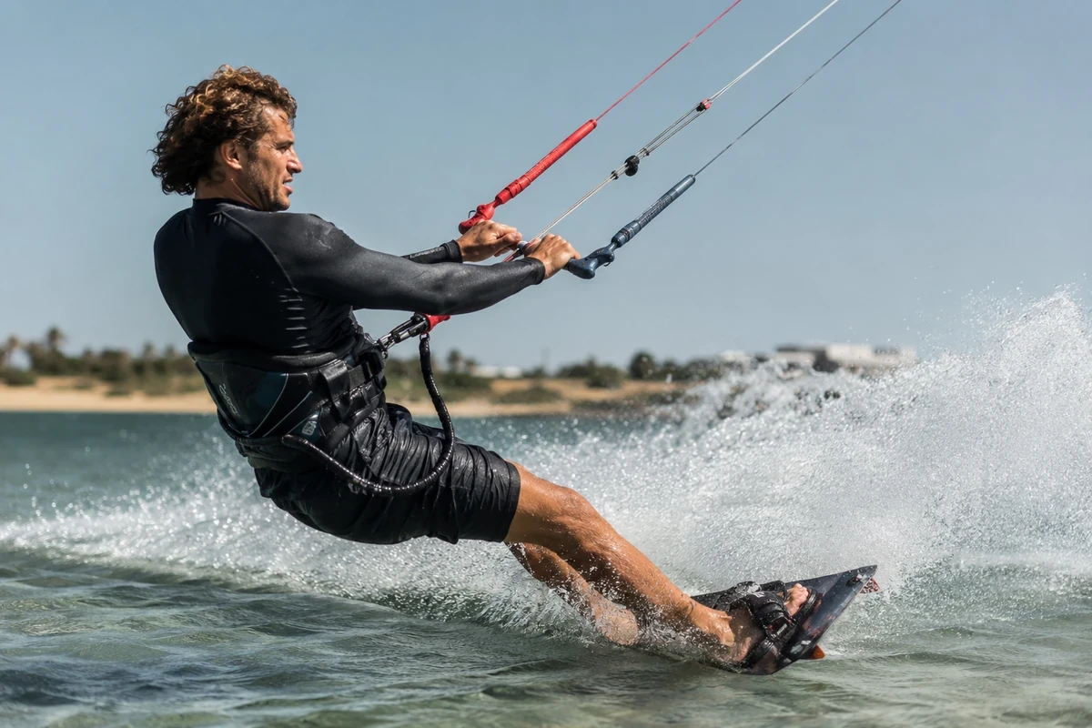 Güneşli havada, siyah ıslak giysili, kıvırcık saçlı genç bir adam, denizde hızla ilerleyen kiteboard'unun üzerinde, arkasında büyük bir köpüklü su izi bırakarak kontrol barını sıkıca tutarak heyecan verici bir kitesurf aksiyon sürüşü sergiliyor.