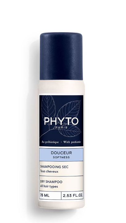 Koyu mavi kapaklı beyaz Phyto Paris Douceur Softness kuru şampuan şişesi, saçlara anında ferahlık, temizlik ve hacim veren prebiyotik içeren en iyi kuru şampuanlardan birini görselleştiriyor.