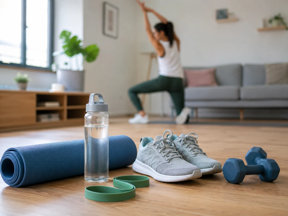 Ahşap zemin üzerinde duran mavi yoga matı, şeffaf su şişesi, yeşil direnç bantları, gri spor ayakkabılar ve mavi bir dambıl ile ön planda egzersiz ve sağlıklı yaşam ekipmanları yer alırken, arka planda bulanık bir şekilde evde spor yapan bir kadın görülüyor.