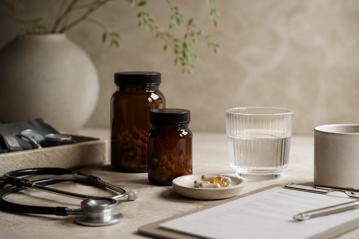 Hafif ve doğal tonlardaki bir sağlık kliniği masasında, vitamin mineral analizi sonrasında önerilen takviyeleri temsil eden amber renkli şişeler, küçük bir tabakta kapsüller, bir bardak su, stetoskop ve bir form düzenli bir şekilde sergilenmektedir.