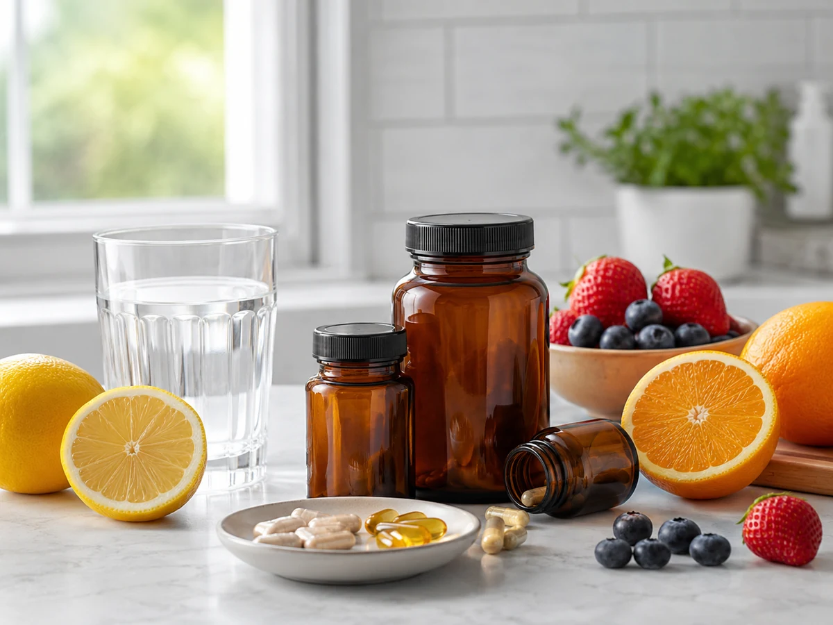 Beyaz mermer tezgah üzerinde, sağlığa faydalı olduğu bilinen C vitamini açısından zengin çilek, yaban mersini, limon ve portakal gibi taze meyveler ile çeşitli vitamin takviyesi kapsüllerini içeren amber renkli şişeler ve bir bardak su, sağlıklı beslenme ve takviye dengesini vurguluyor.
