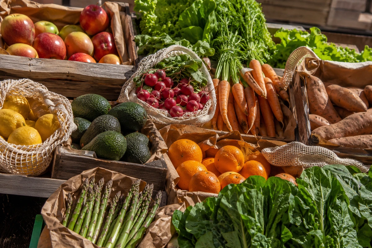 Canlı renklerdeki elma, limon, avokado, turp, havuç, marul, portakal ve kuşkonmaz gibi taze sebze ve meyveler, ahşap kasalarda ve bez filelerde sergilenerek ambalajsız alışverişin doğal ve sağlıklı seçeneklerini gözler önüne seriyor.