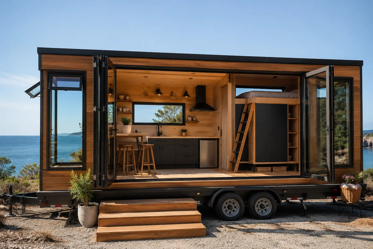 Mavi denize bakan, ahşap dış cephesi ve katlanır cam kapıları açık bu modern tekerlekli tiny house, tam donanımlı mutfağı ve merdivenli yatak odasıyla En İyi Tiny House Firmaları tarafından sunulan şık ve işlevsel yaşam alanlarının mükemmel bir örneğidir.