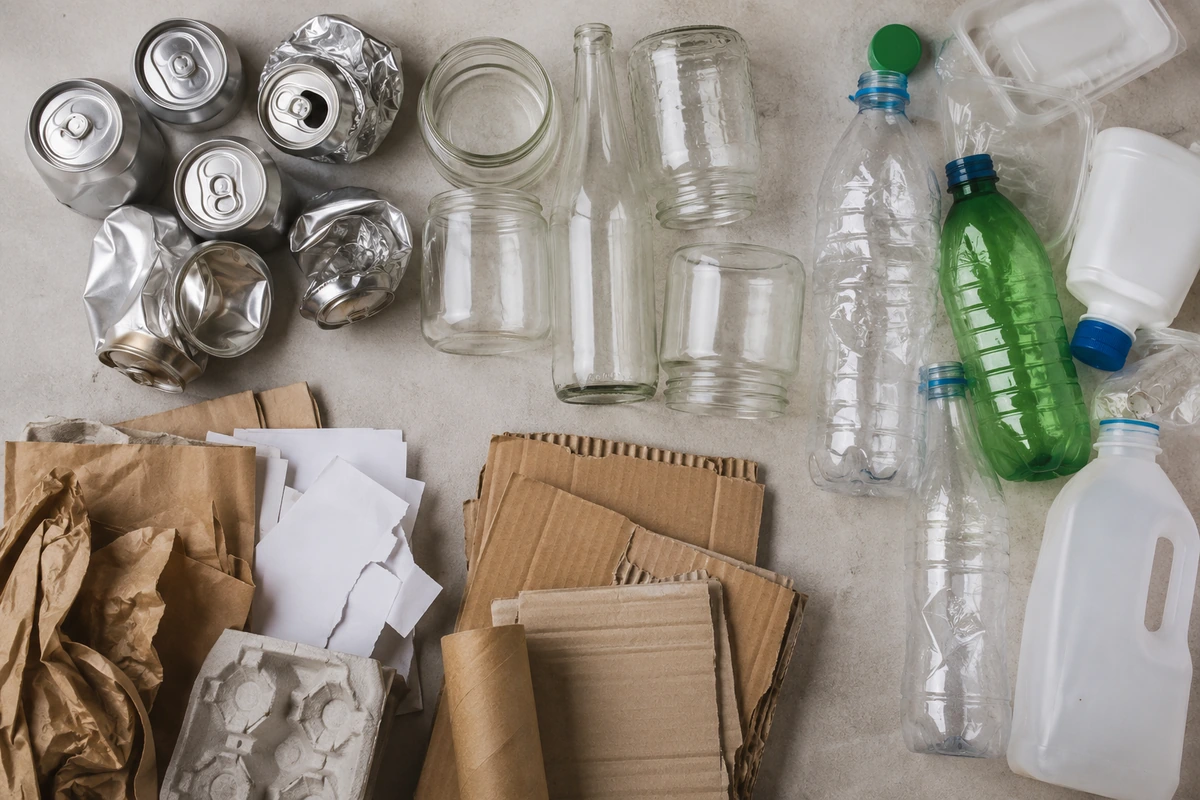 Açık gri bir zeminde, çeşitli ambalaj atıklarından oluşan ezilmiş ve sağlam alüminyum kutular, şeffaf cam şişeler ve kavanozlar, farklı renklerde plastik şişeler ve kaplar, buruşuk kağıtlar ile oluklu kartonlar gibi geri dönüştürülebilir materyaller türlerine göre özenle ayrıştırılmış olarak görülüyor.