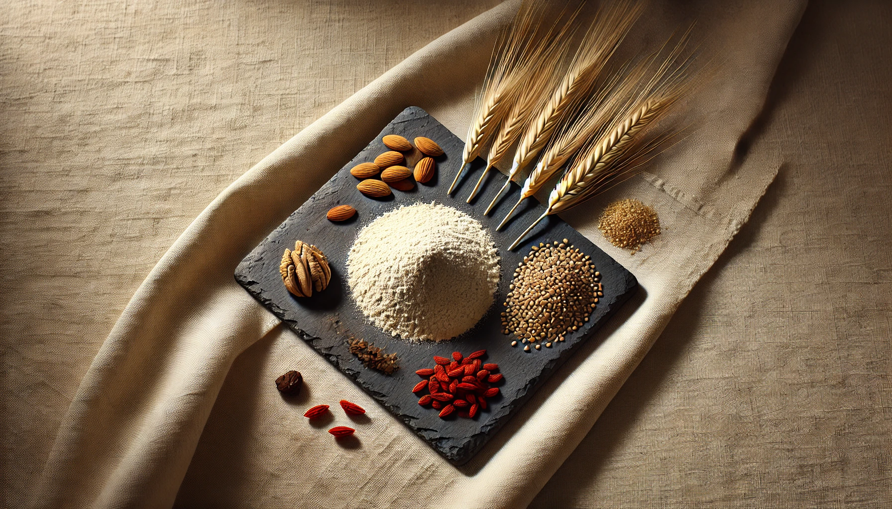 Doğal keten kumaş zemin üzerinde siyah arduvaz taş tabağa özenle yerleştirilmiş glutensiz içerikler: ortada badem unu, çevresinde badem, ceviz, buğday başakları, karabuğday, kinoa ve goji berry; minimal ve premium bir flat lay kompozisyon.