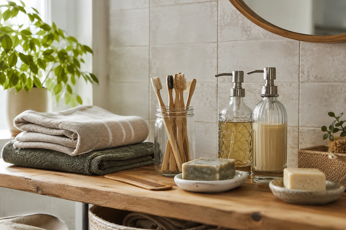 Ahşap bir rafta özenle düzenlenmiş, bej ve zeytin yeşili havluların yanında, bambu diş fırçaları, cam pompa şişeleri, doğal kalıp sabunlar ve ahşap bir tarak gibi plastik tüketimini azaltmaya yönelik sürdürülebilir banyo ürünleri sergileniyor.