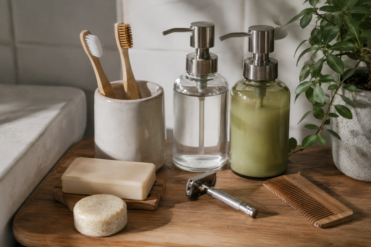 Plastik Tüketimini Azaltmanın Yolları: Bir banyo tezgahında, beyaz ve kahverengi kıllı bambu diş fırçaları içeren seramik kap, şeffaf ve yeşil içerikli yeniden doldurulabilir cam pompa şişeler, ahşap altlık üzerinde katı kalıp sabun ve yuvarlak katı şampuan, bir metal tıraş bıçağı ve ahşap tarak gibi çeşitli sürdürülebilir banyo ürünleri düzenli bir şekilde sergilenirken, sağda küçük bir saksı bitkisi bulunuyor.
