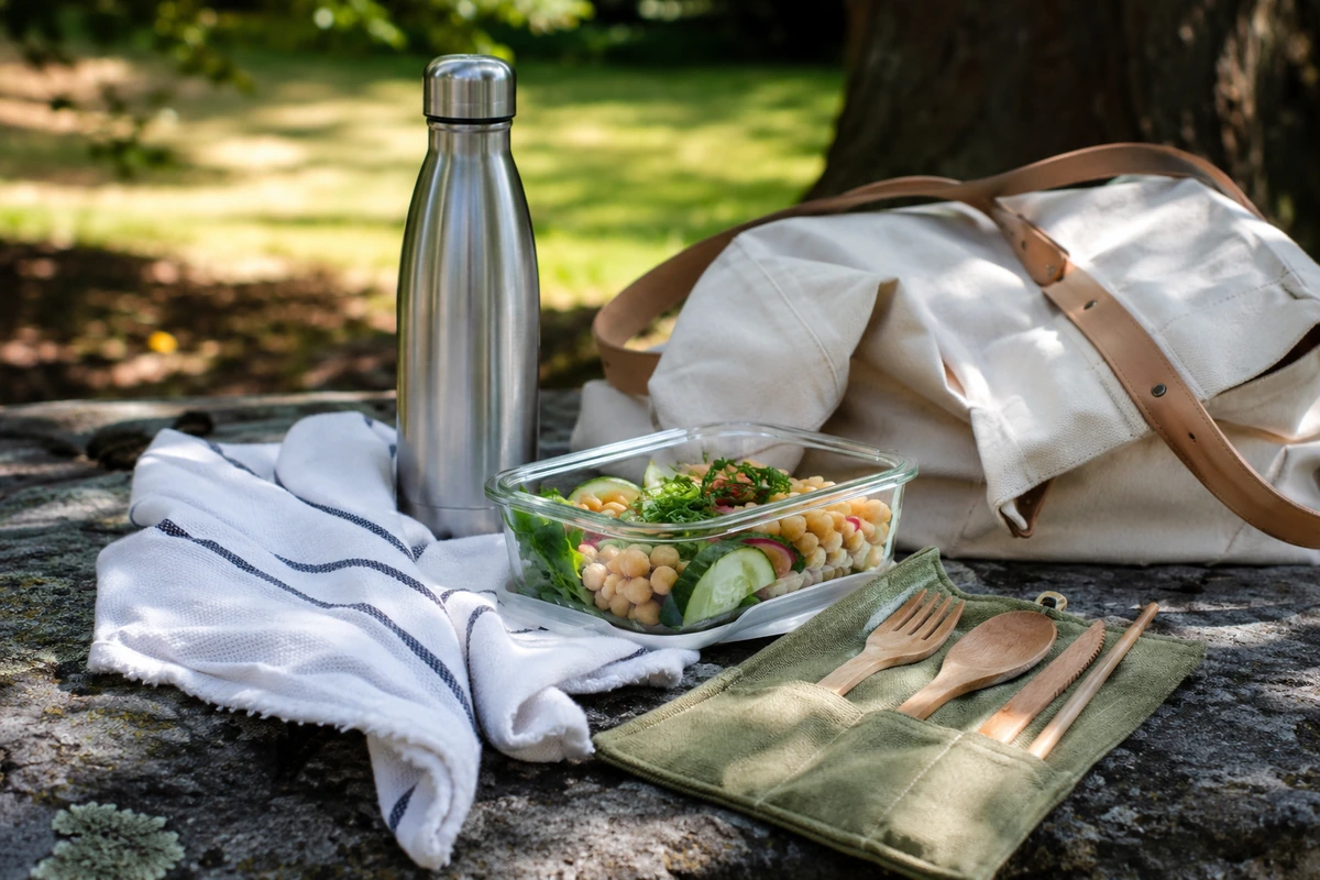 Tatil için kayalık bir zemine özenle yerleştirilmiş, yeniden kullanılabilir çelik su şişesi, salata dolu cam kap ve ahşap çatal bıçak içeren yeşil kılıfıyla plastik tüketimini azaltmayı hedefleyen çevre dostu bir piknik seti.