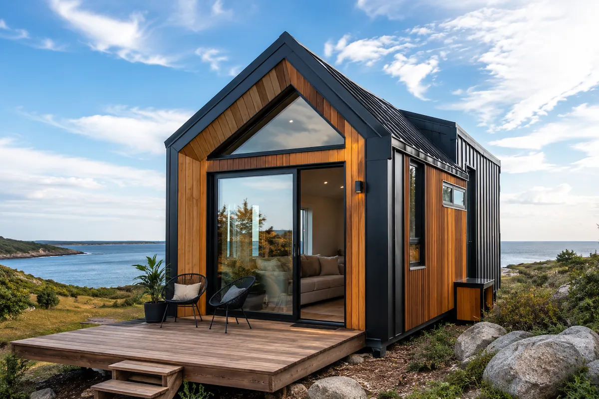 Mavi gökyüzü altında, ahşap ve siyah metal kaplamalı, geniş cam sürgülü kapıları ve üçgen penceresiyle dikkat çeken modern bir tiny house, önündeki ahşap verandası ve deniz manzaralı doğal ortamıyla huzurlu bir yaşam alanı sunuyor.