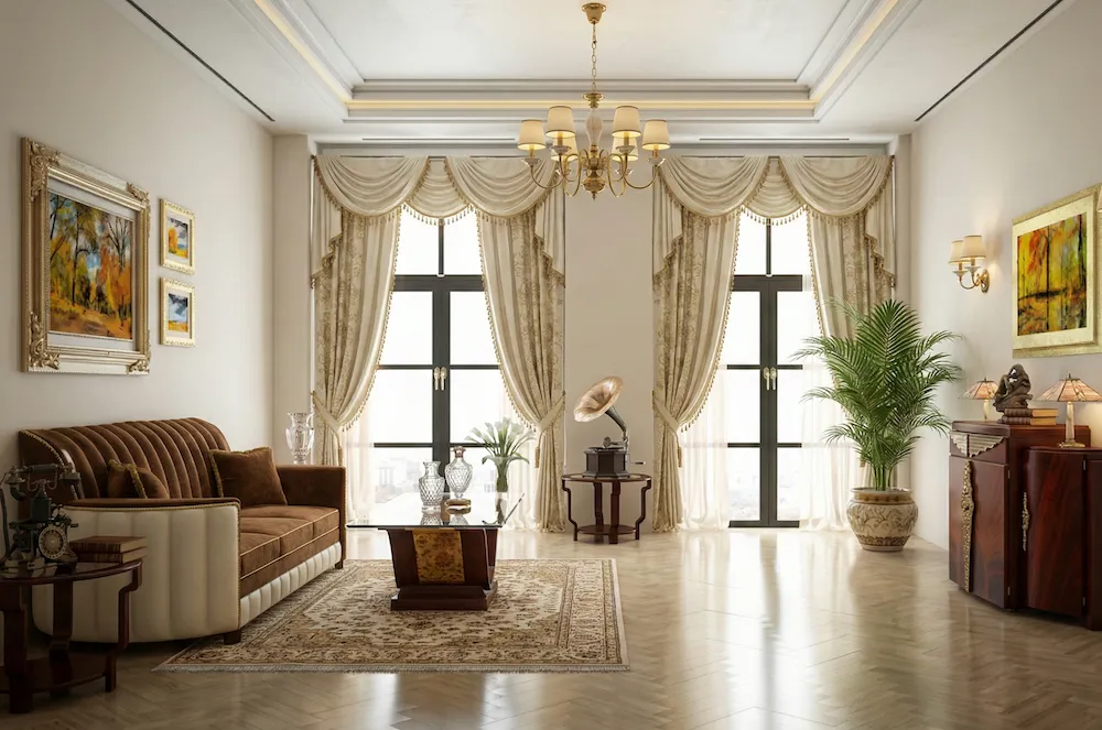 Art Deco tarzında tasarlanmış; klasik deri koltuk, gösterişli avize, zarif perdeler ve nostaljik gramofon detaylarıyla zenginleştirilen lüks salon iç mekânı.