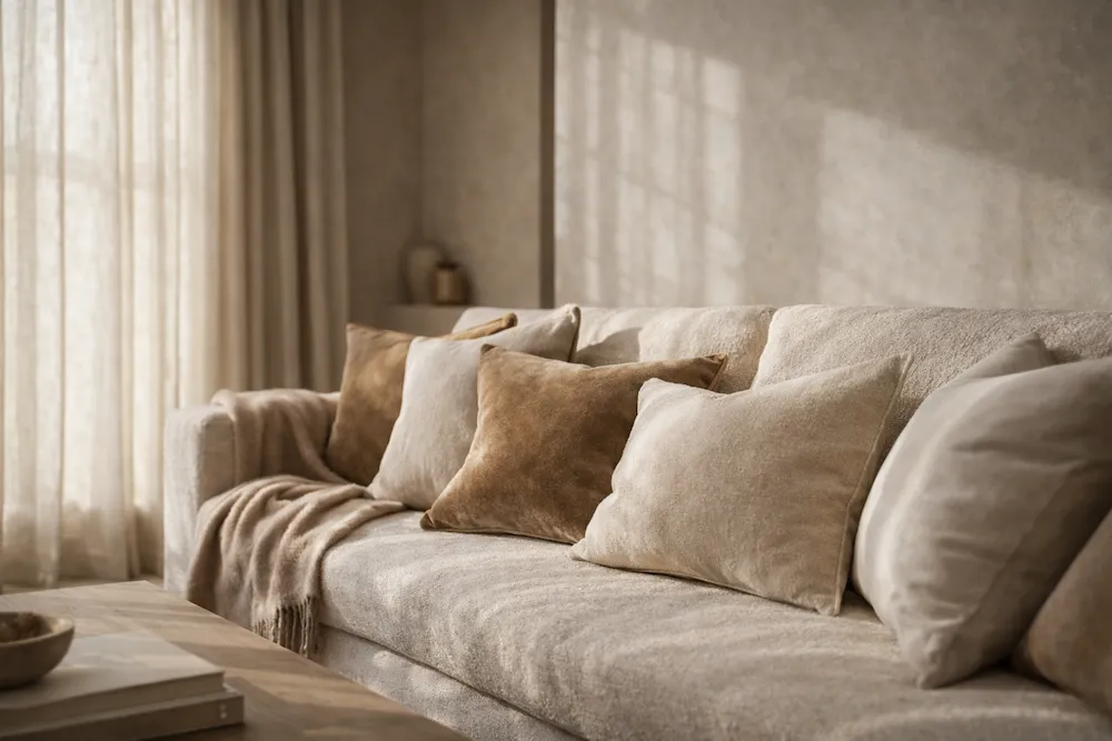 Tekstil ve yastık seçimiyle lüks dekorasyon örneği; nötr tonlarda kadife ve keten yastıklar, doğal ışık alan modern salon tasarımı.